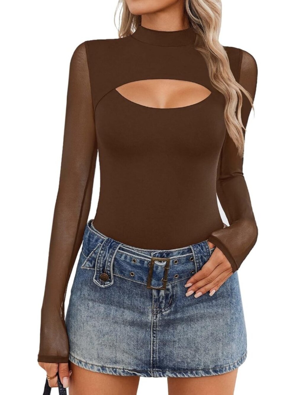 〽️ Women's Brown Long Sleeve Thong Turtleneck Mesh Shapewear Cutout Bodysuit Top